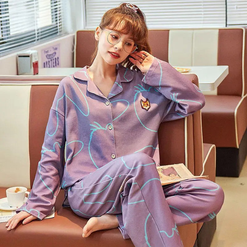 Women Pajamas – Cotton Cartoon Pajama Suit with Long Sleeves - Velora
