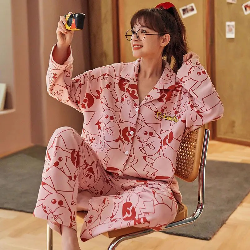 Women Pajamas – Cotton Cartoon Pajama Suit with Long Sleeves - Velora