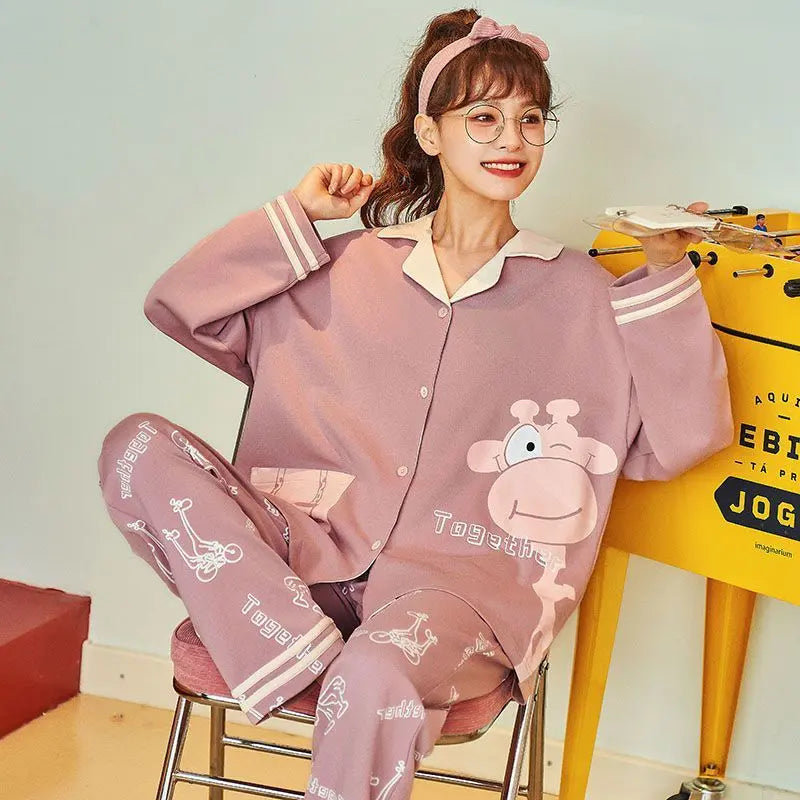 Women Pajamas – Cotton Cartoon Pajama Suit with Long Sleeves - Velora