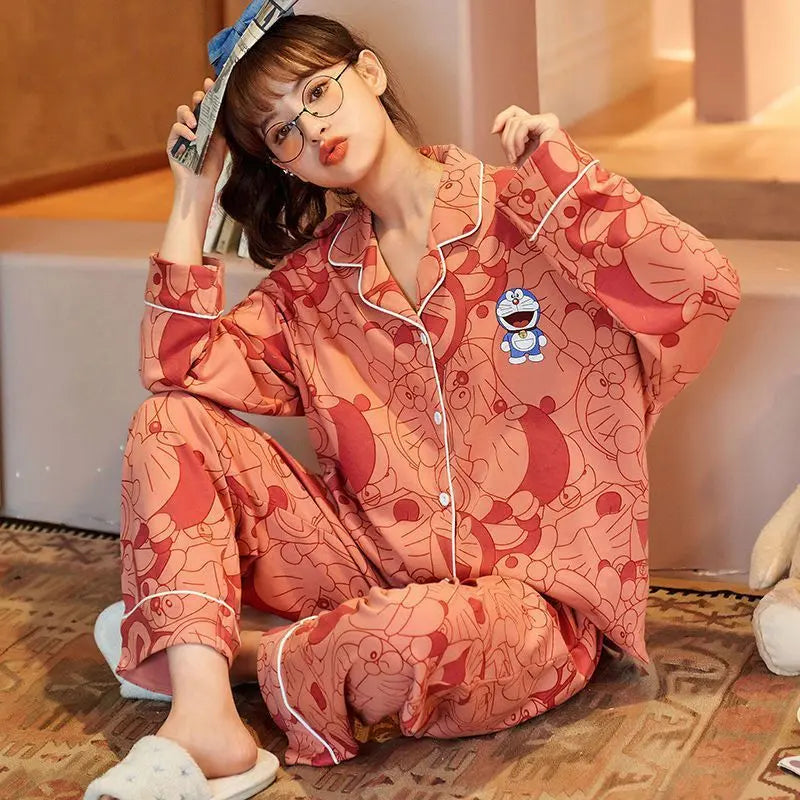 Women Pajamas – Cotton Cartoon Pajama Suit with Long Sleeves - Velora