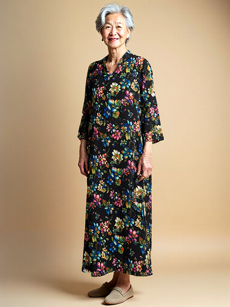 Women’s Adaptive Black Floral Dress – Open-Back, 3/4 Sleeve, V-Neck - Velora Luxury Fashion