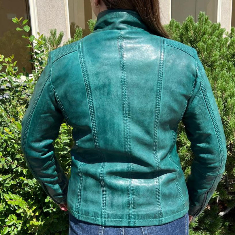 Women's Classic Lamb Leather Jacket. Round Collar with Studs, 4 Zippered Pockets & Shoulder Accent Stitching - Velora Luxury Fashion