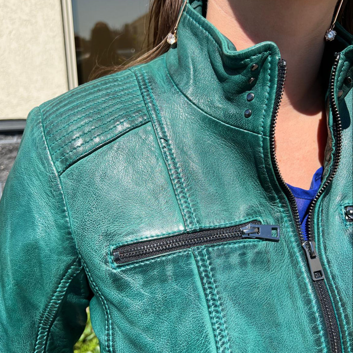 Women's Classic Lamb Leather Jacket. Round Collar with Studs, 4 Zippered Pockets & Shoulder Accent Stitching - Velora Luxury Fashion