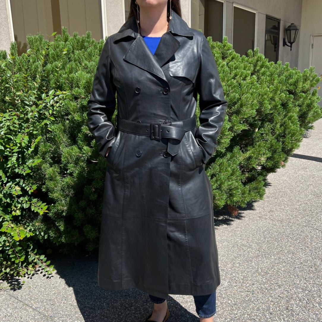Women's Classic Leather Trench Coat. Double-Breasted Button Closure with Adjustable Belt - Velora Luxury Fashion
