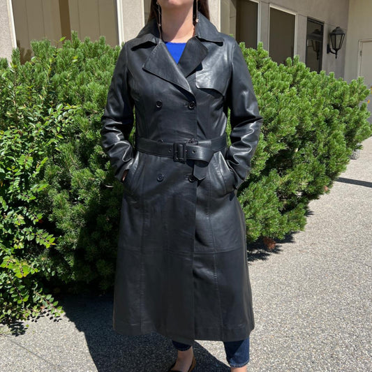Women's Classic Leather Trench Coat. Double-Breasted Button Closure with Adjustable Belt - Velora Luxury Fashion