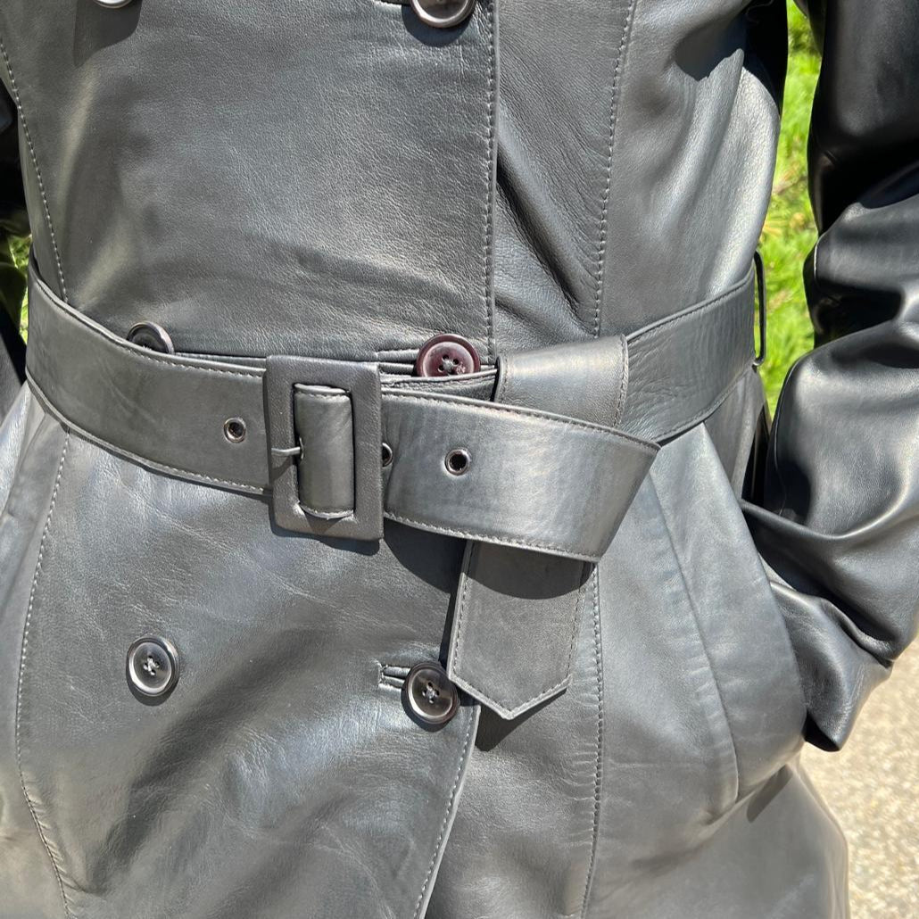 Women's Classic Leather Trench Coat. Double-Breasted Button Closure with Adjustable Belt - Velora Luxury Fashion