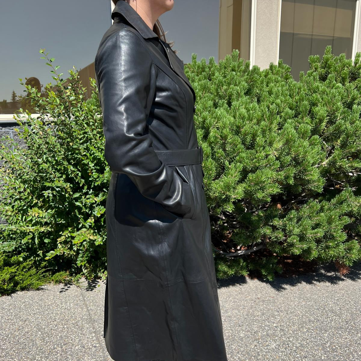 Women's Classic Leather Trench Coat. Double-Breasted Button Closure with Adjustable Belt - Velora Luxury Fashion