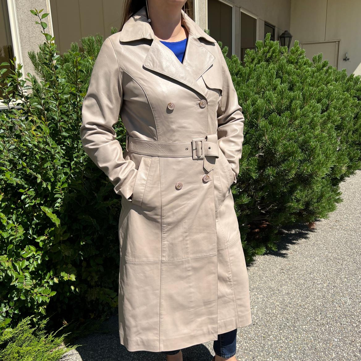 Women's Classic Leather Trench Coat. Double-Breasted Button Closure with Adjustable Belt - Velora Luxury Fashion