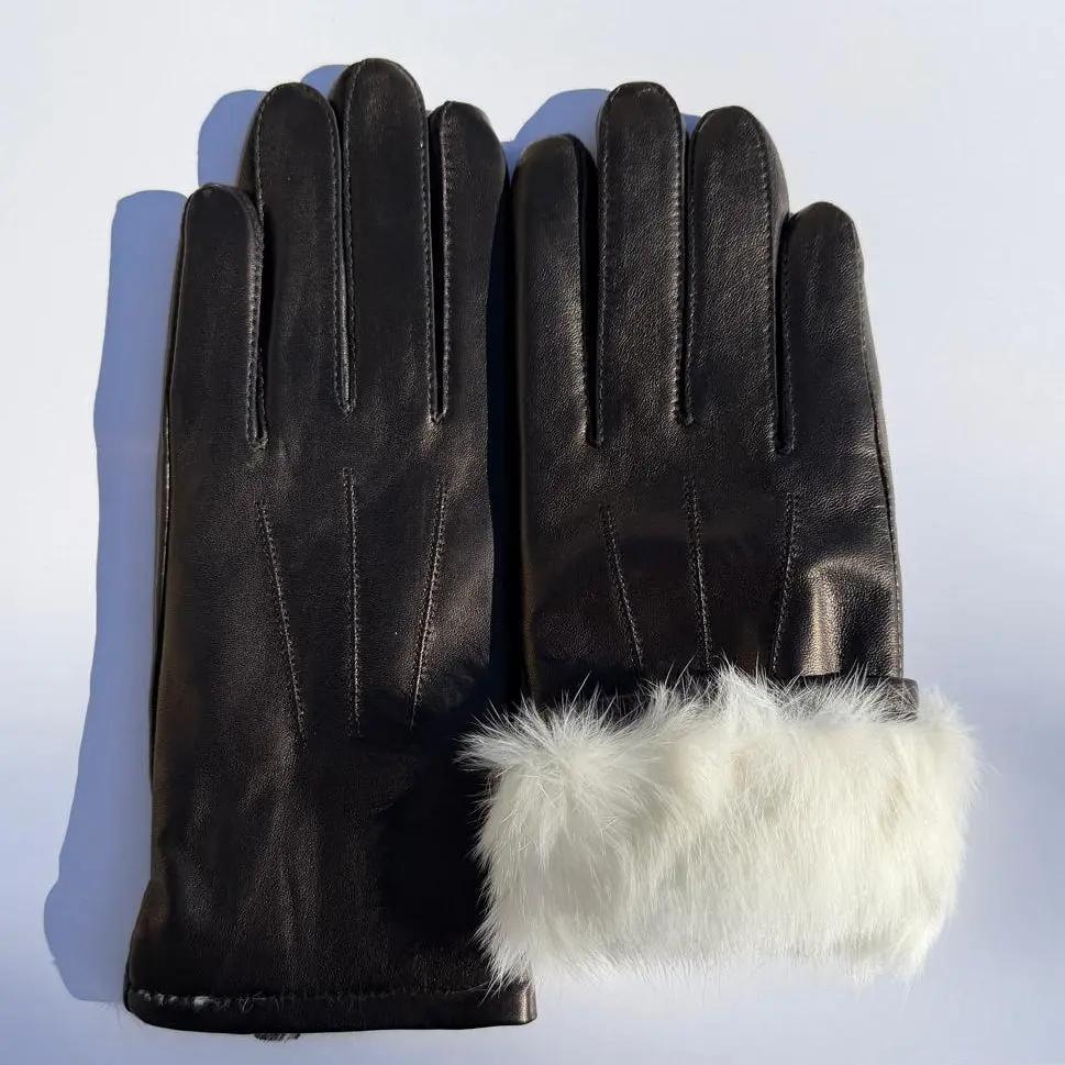 Women's Drum Dyed Lamb Leather Gloves with Luxurious Rabbit Fur Trim - Velora Luxury Fashion
