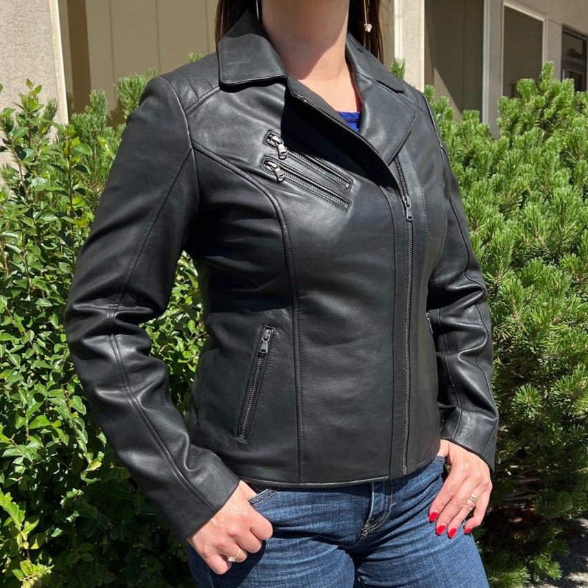 Women's Lamb Leather Biker Look Jacket with Asymmetrical Collar and Stitched Shoulders - Velora Luxury Fashion