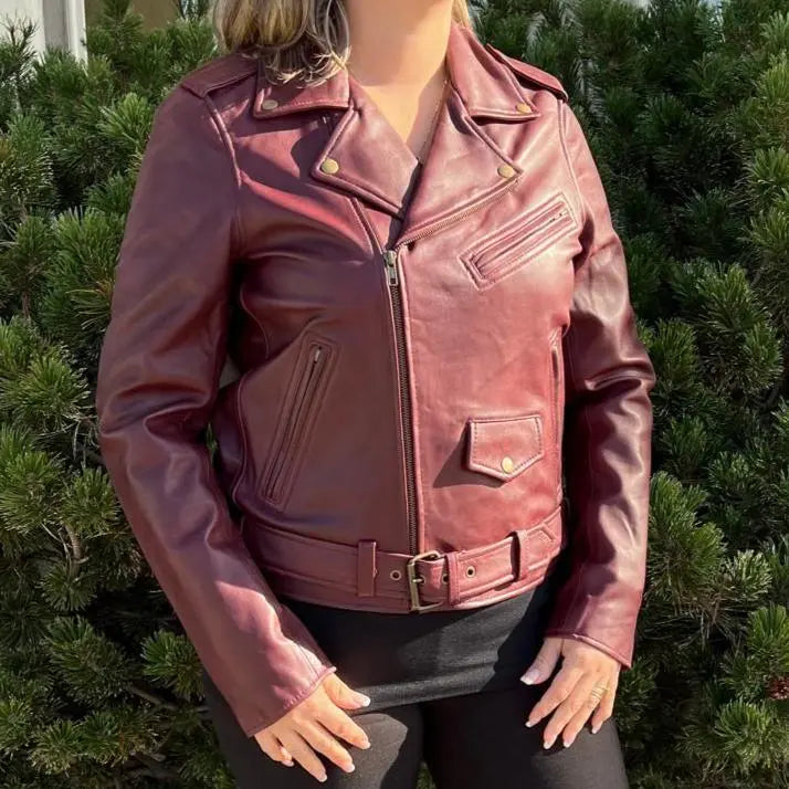 Women's Lamb Leather Biker Style Jacket with Belt - Velora Luxury Fashion