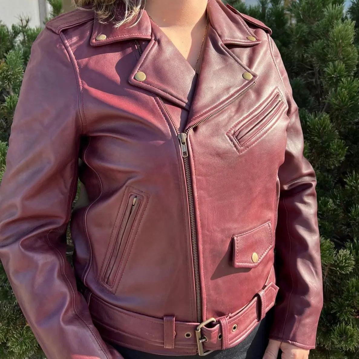 Women's Lamb Leather Biker Style Jacket with Belt - Velora Luxury Fashion