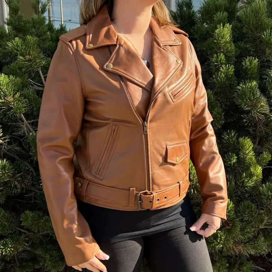 Women's Lamb Leather Biker Style Jacket with Belt - Velora Luxury Fashion