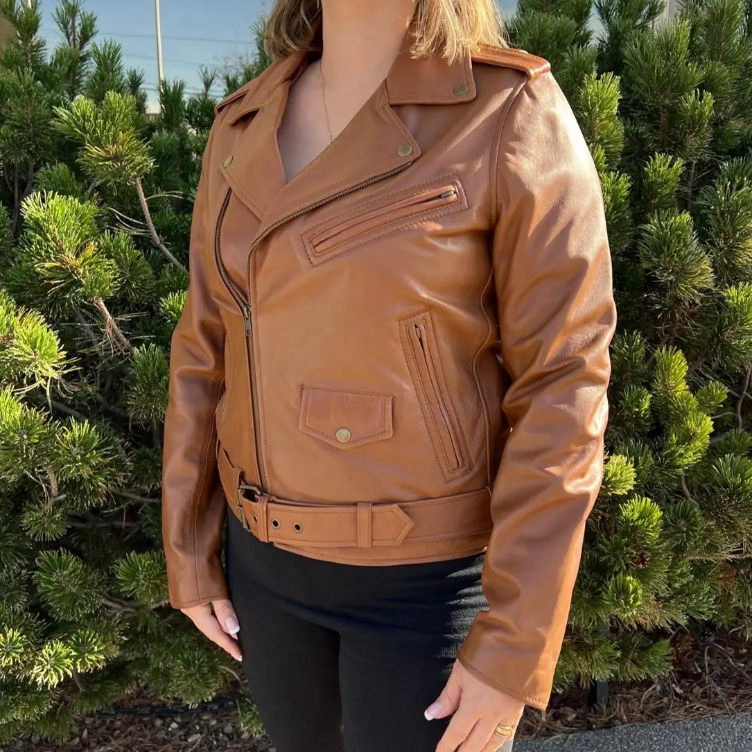 Women's Lamb Leather Biker Style Jacket with Belt - Velora Luxury Fashion