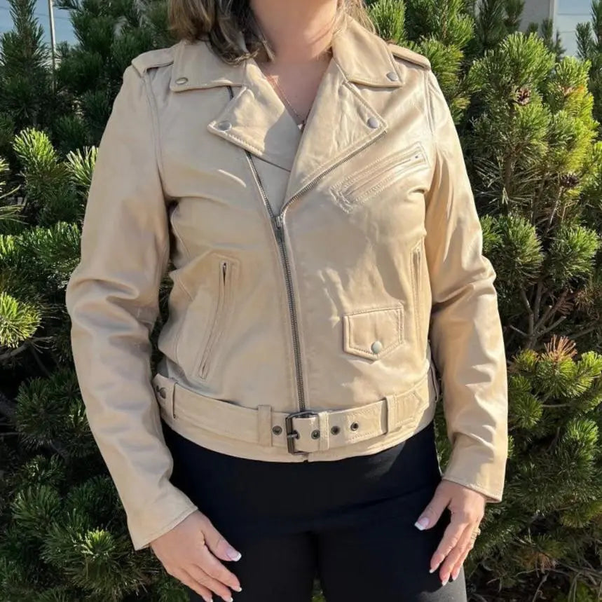 Women's Lamb Leather Biker Style Jacket with Belt - Velora Luxury Fashion