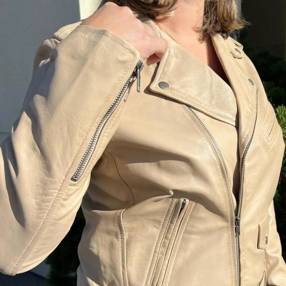 Women's Lamb Leather Biker Style Jacket with Belt - Velora Luxury Fashion