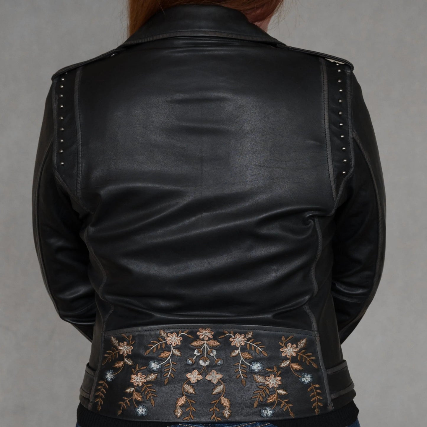 Women's Lamb Leather Jacket with Floral Embroidery - Velora Luxury Fashion