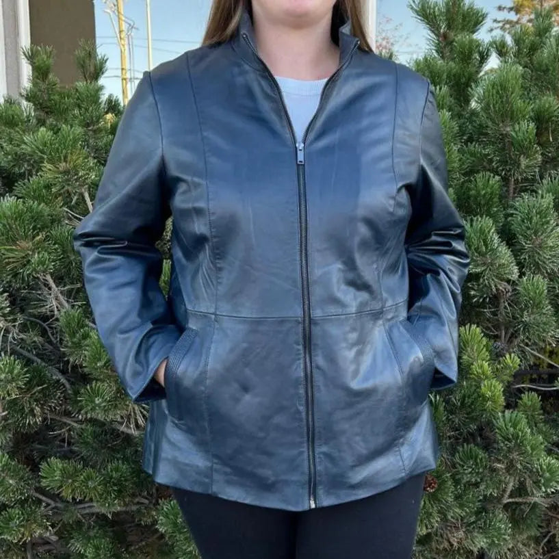 Women's Lamb Leather Jacket with Zipper and Dual Pockets - Velora Luxury Fashion