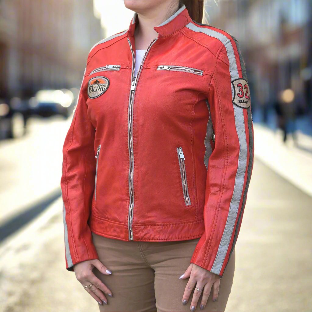 Women's Leather Jacket with Patches - Velora Luxury Fashion