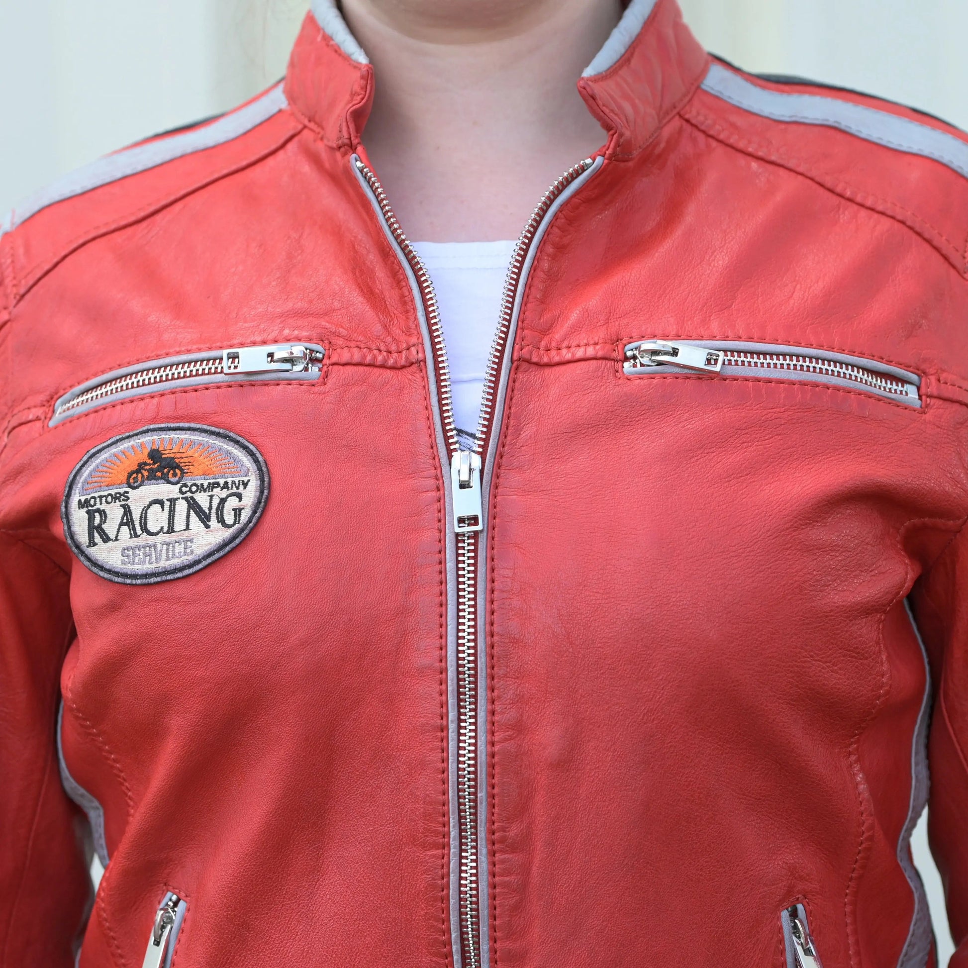 Women's Leather Jacket with Patches - Velora Luxury Fashion