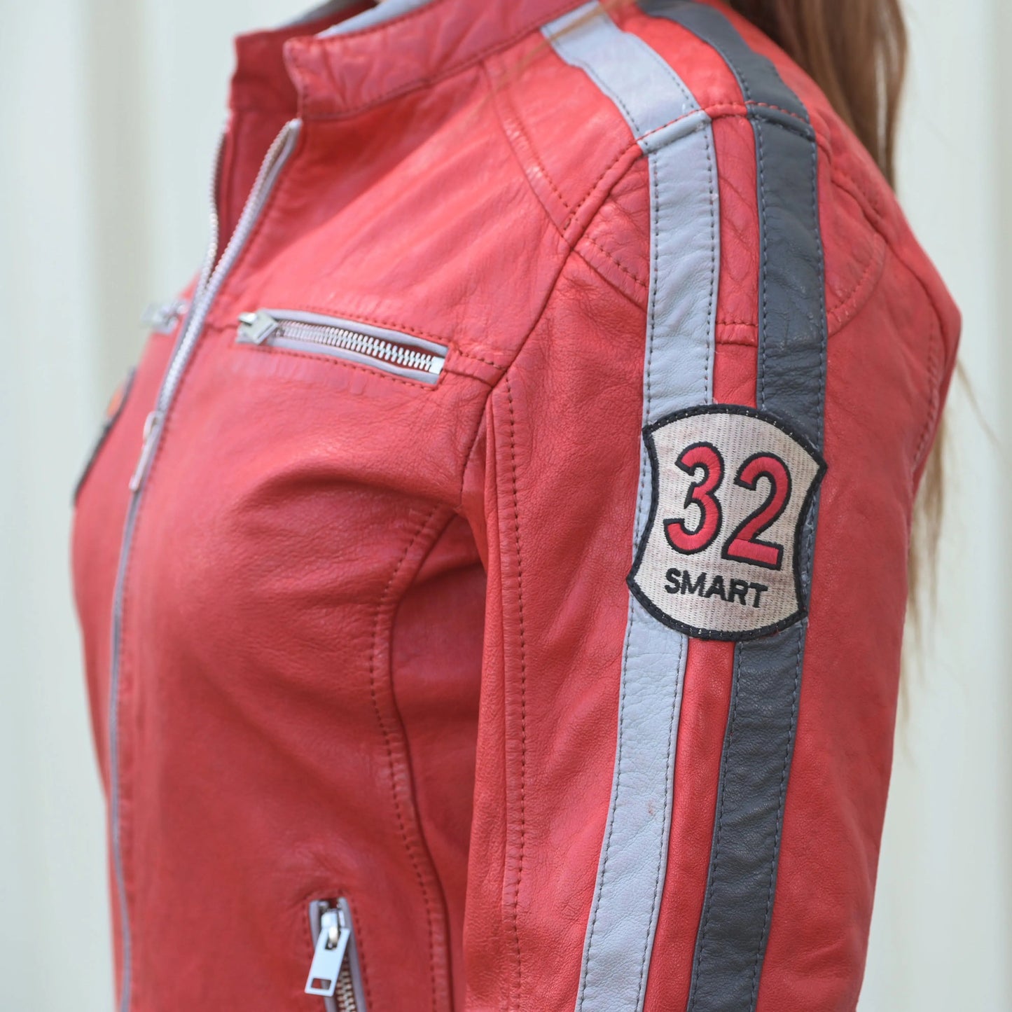 Women's Leather Jacket with Patches - Velora Luxury Fashion