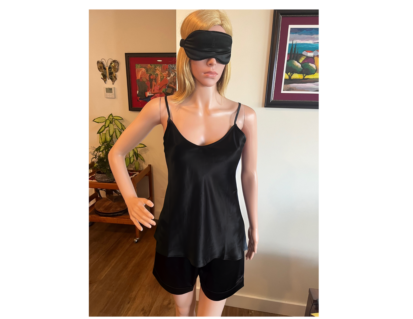 Women's Mulberry Silk Camisole and Boxer  Pajama Set Black - Velora Luxury Fashion