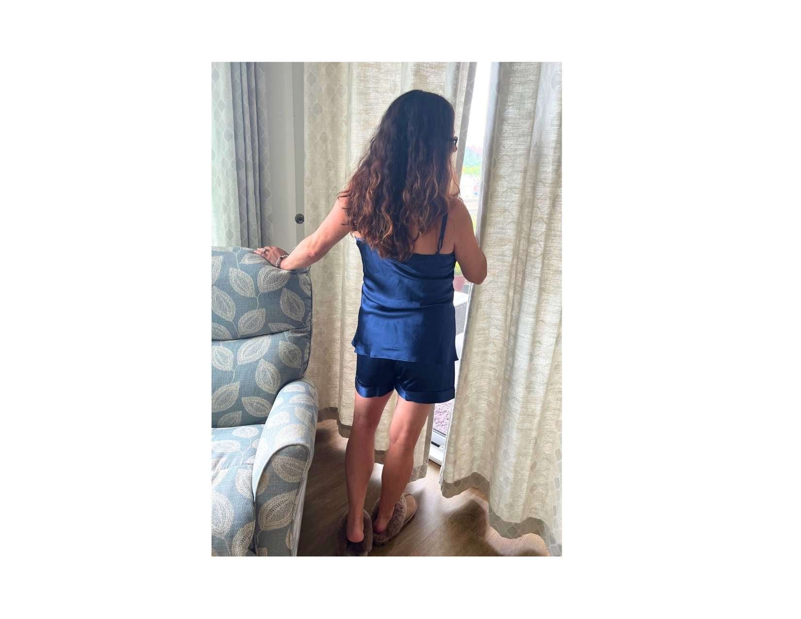 Women's Mulberry Silk Camisole and Boxer Pajama Set Navy Blue - Velora Luxury Fashion