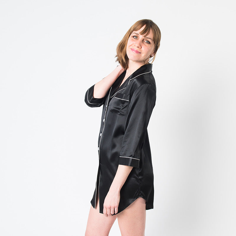 Women's Mulberry Silk Nightshirt Black - Velora Luxury Fashion
