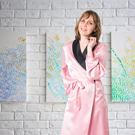 Women's Mulberry Silk Robe Pink with Black Collar - Velora Luxury Fashion