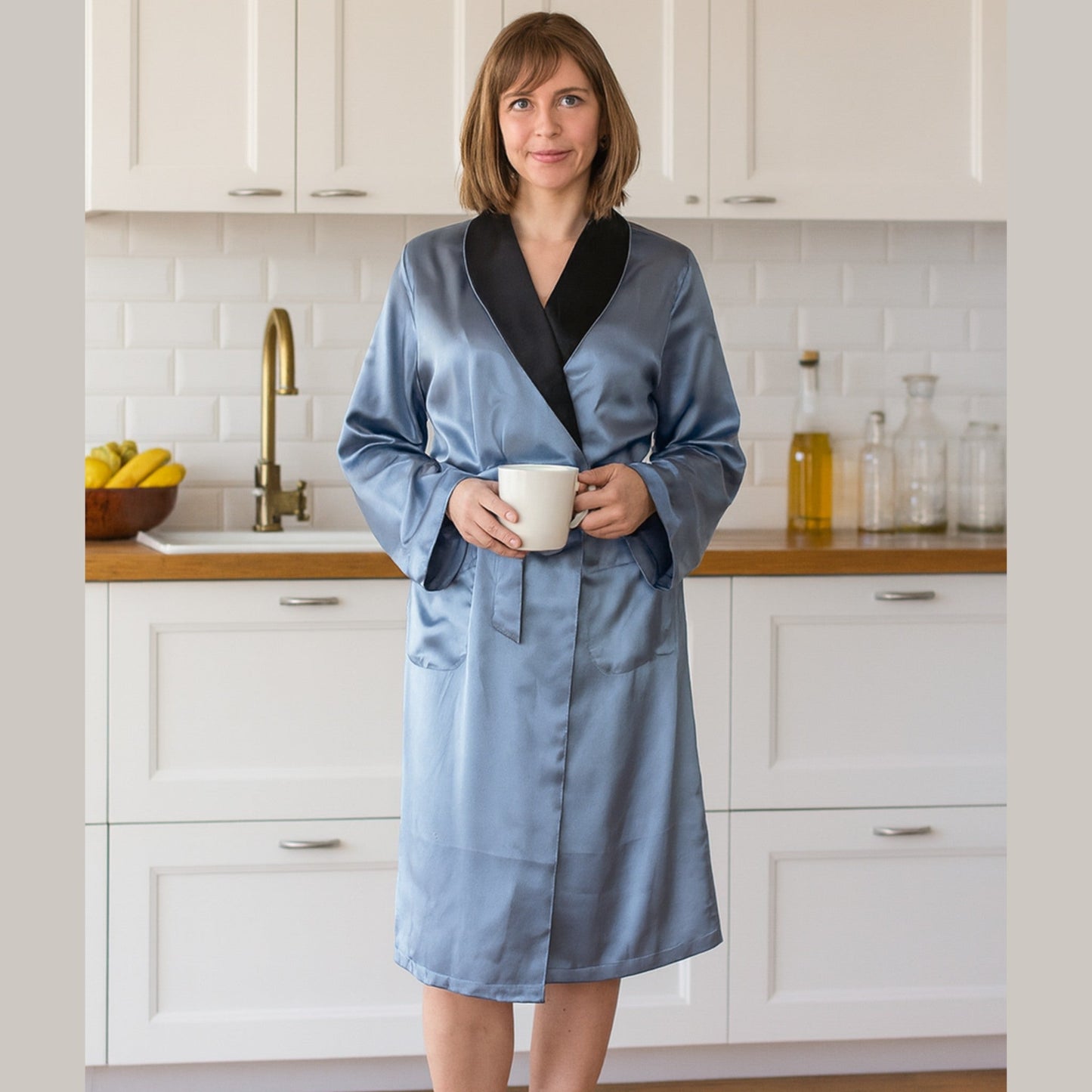 Women's Mulberry Silk Robe Twilight with Black Collar - Velora Luxury Fashion