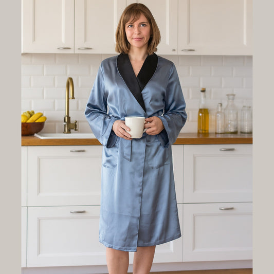 Women's Mulberry Silk Robe Twilight with Black Collar - Velora Luxury Fashion