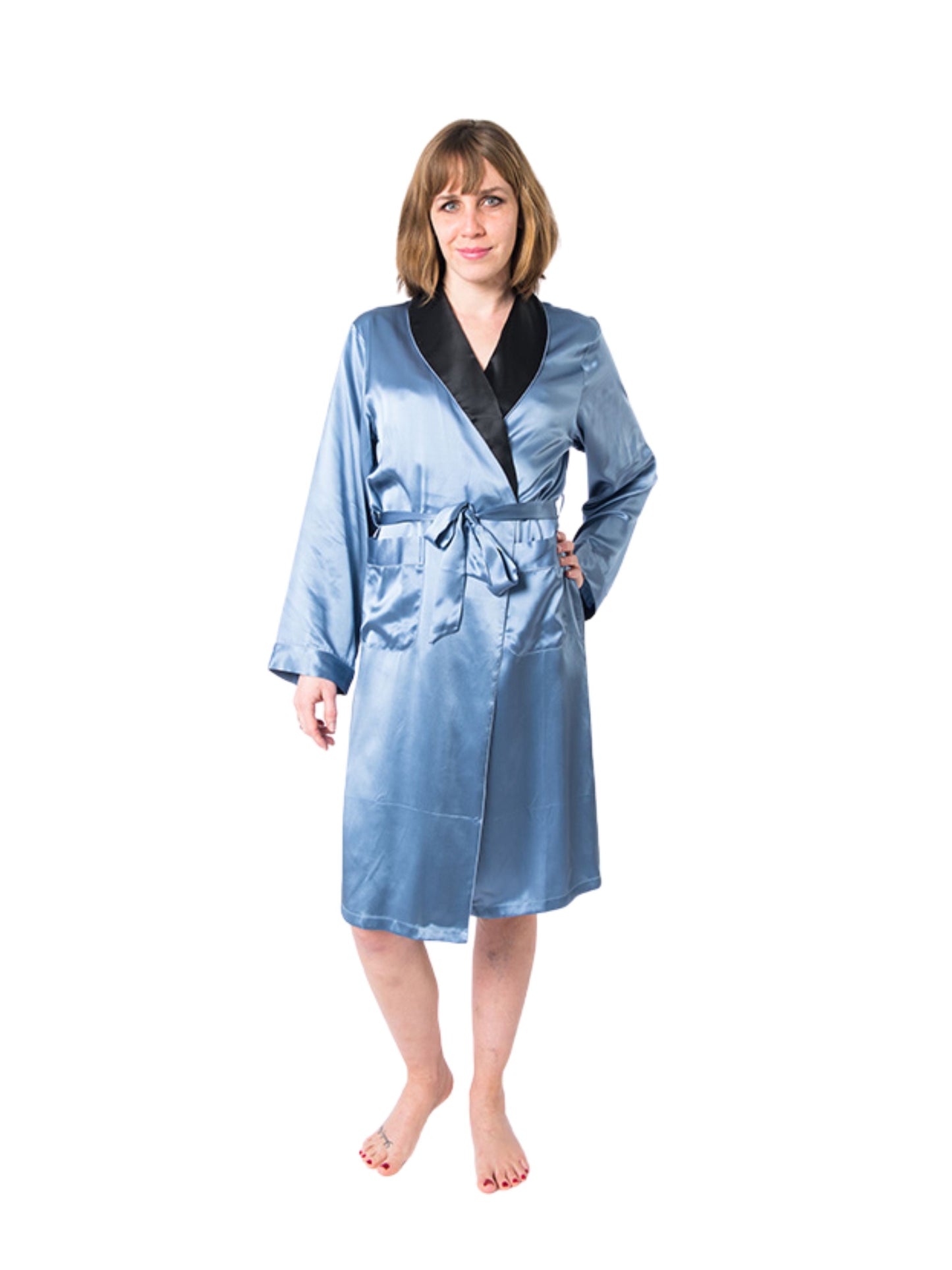 Women's Mulberry Silk Robe Twilight with Black Collar - Velora Luxury Fashion