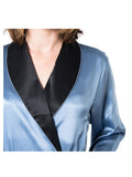 Women's Mulberry Silk Robe Twilight with Black Collar - Velora Luxury Fashion