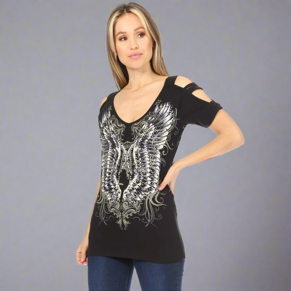 Women's Rhinestone Angel Wing Tank Top - Velora Luxury Fashion