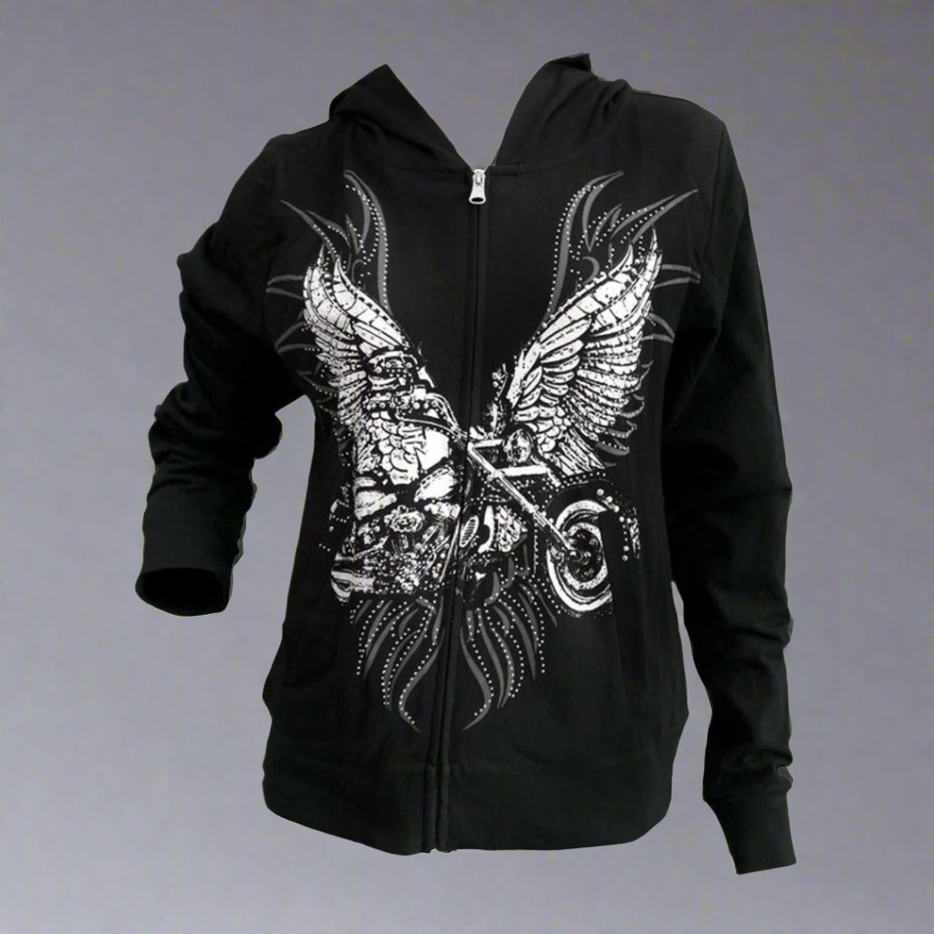 Women's Rhinestone Motorcycle Wing Hoodie - Velora Luxury Fashion