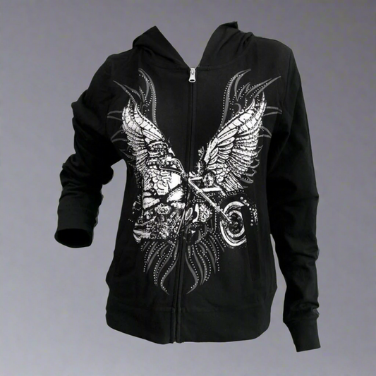 Women's Rhinestone Motorcycle Wing Hoodie - Velora Luxury Fashion
