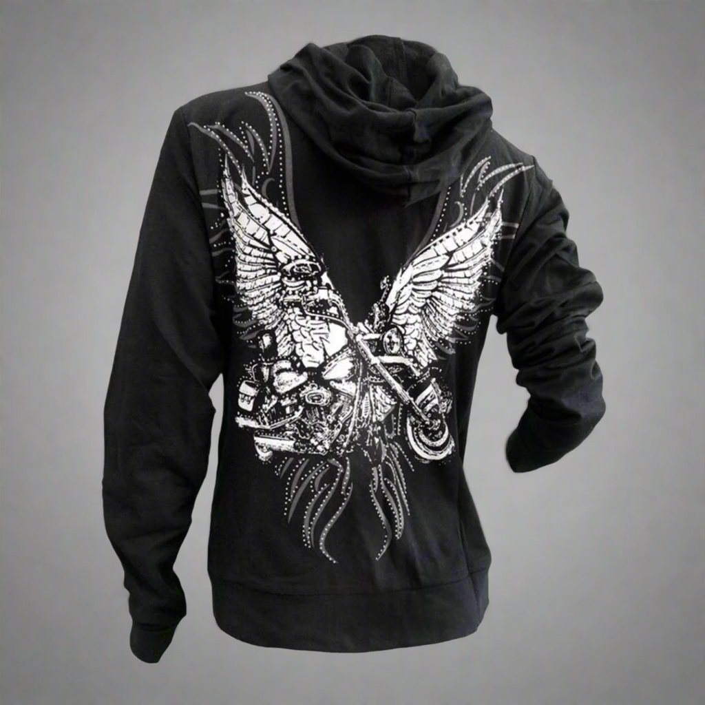 Women's Rhinestone Motorcycle Wing Hoodie - Velora Luxury Fashion