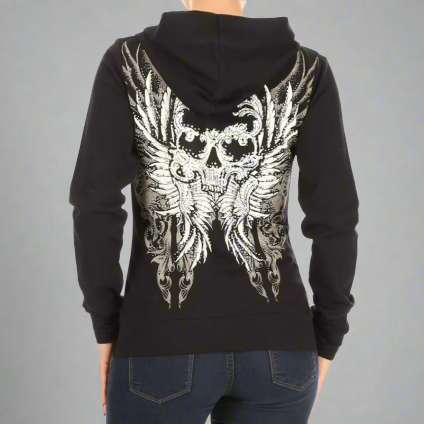 Women's Rhinestone Skull Wing Hoodie - Velora Luxury Fashion
