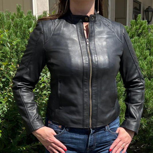 Women's Sheep Leather Jacket with Stitched Shoulders - Velora Luxury Fashion