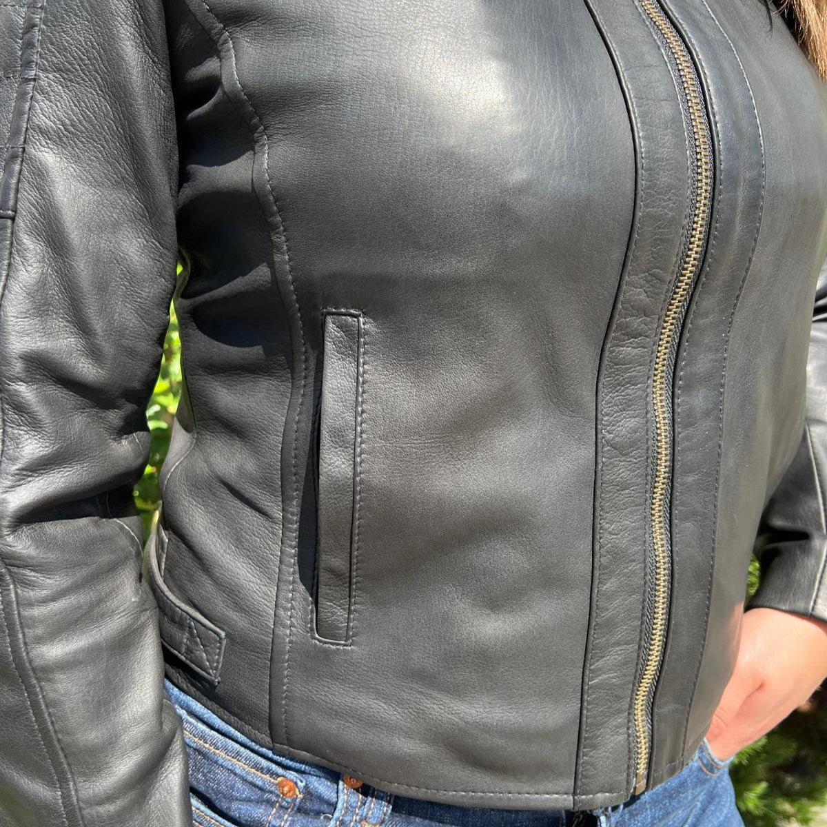 Women's Sheep Leather Jacket with Stitched Shoulders - Velora Luxury Fashion