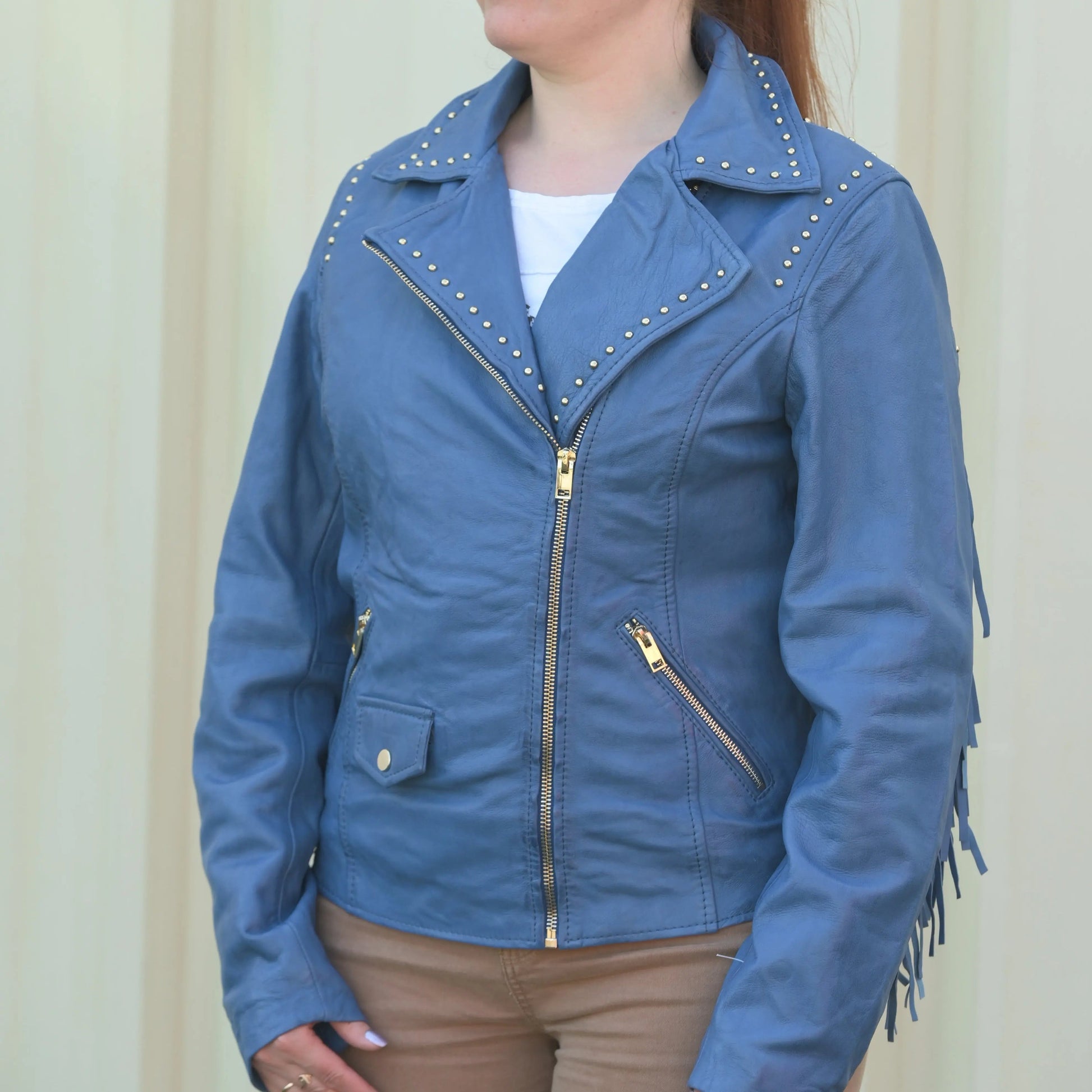 Women's Studded Leather Jacket with Removable Fringe - Velora Luxury Fashion