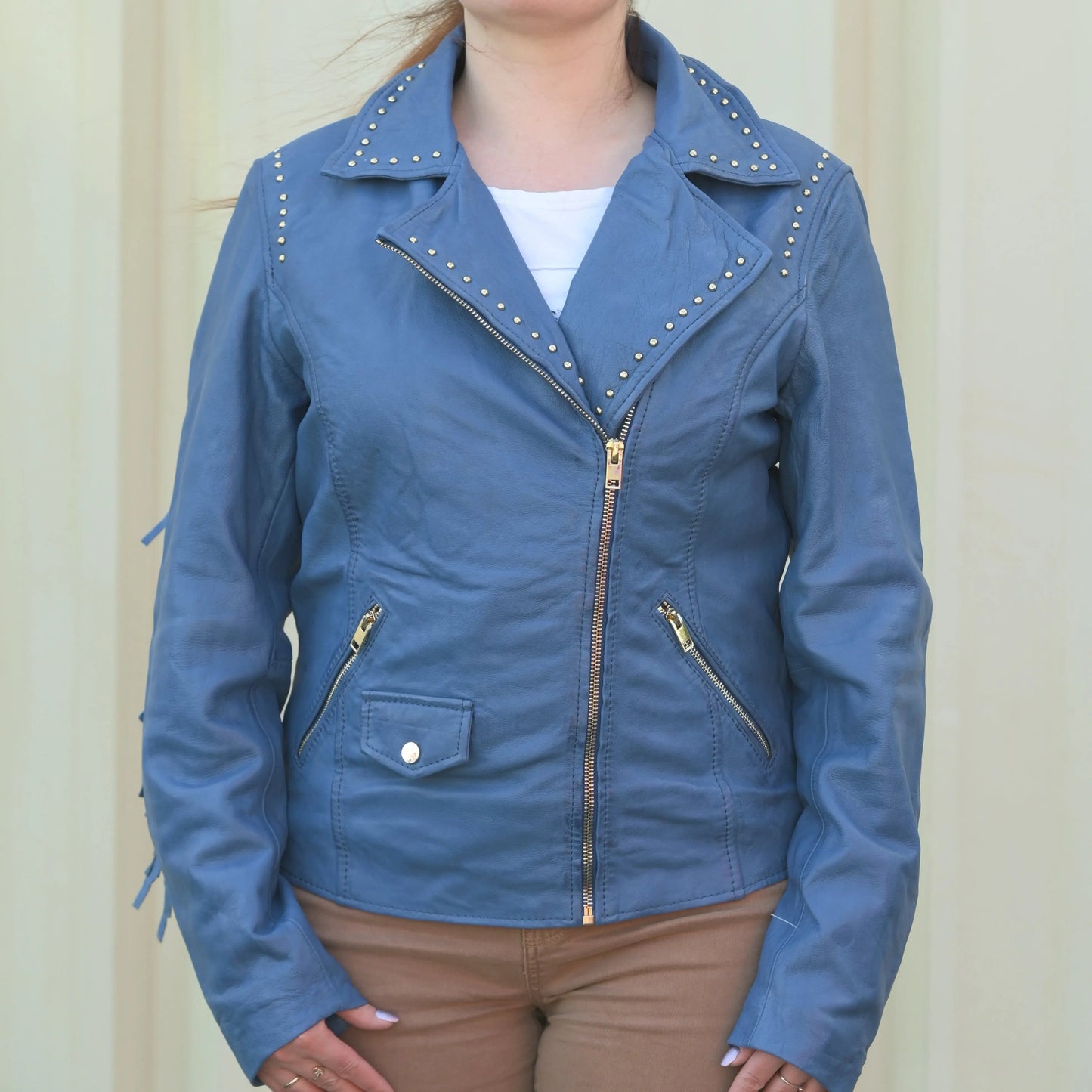 Women's Studded Leather Jacket with Removable Fringe - Velora Luxury Fashion