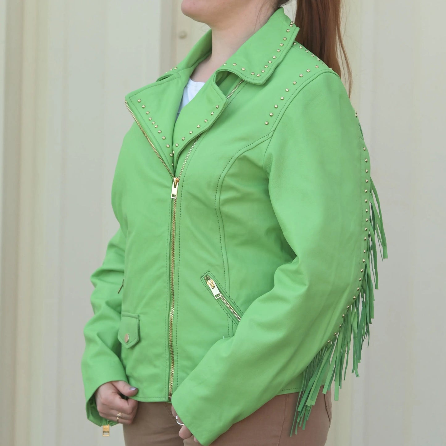 Women's Studded Leather Jacket with Removable Fringe - Velora Luxury Fashion