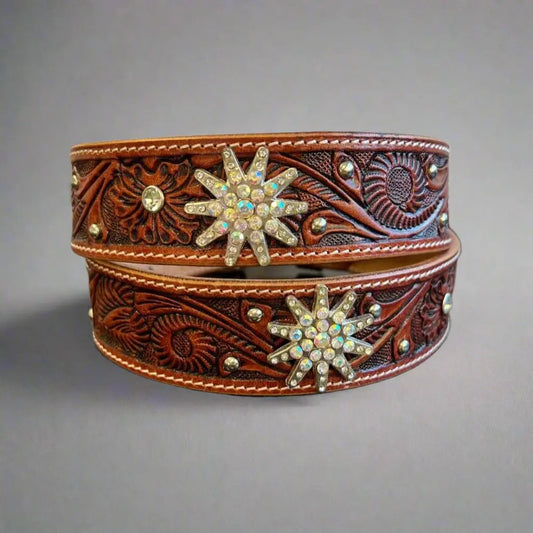 Women's Embossed Western Leather Belt with Bling Stars Boutique of Leathers/Open Road