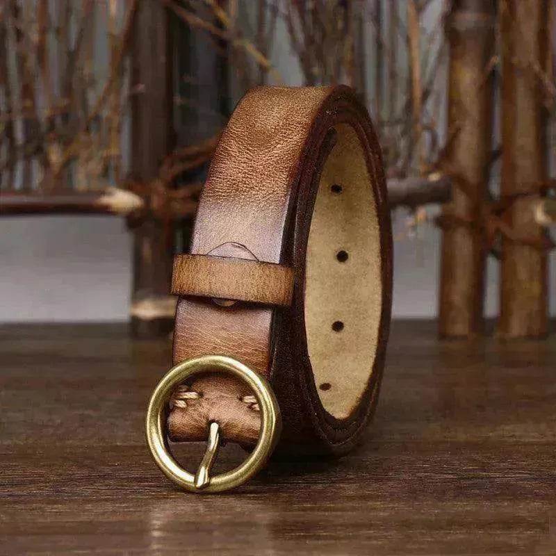Women's Fashion Leather Jeans Belt With Brass Buckle - Velora