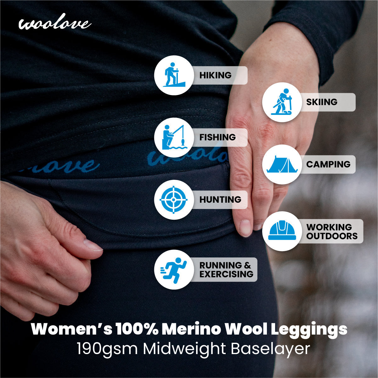 Women's 100% Merino Wool Long Underwear Base Layer Leggings 190 GSM - Midweight - Velora