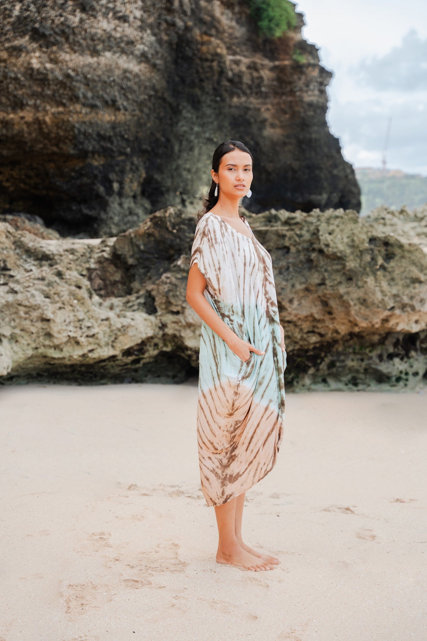 Tie Dye Lapis Ombre Kaftan Dress - Mint & Brown