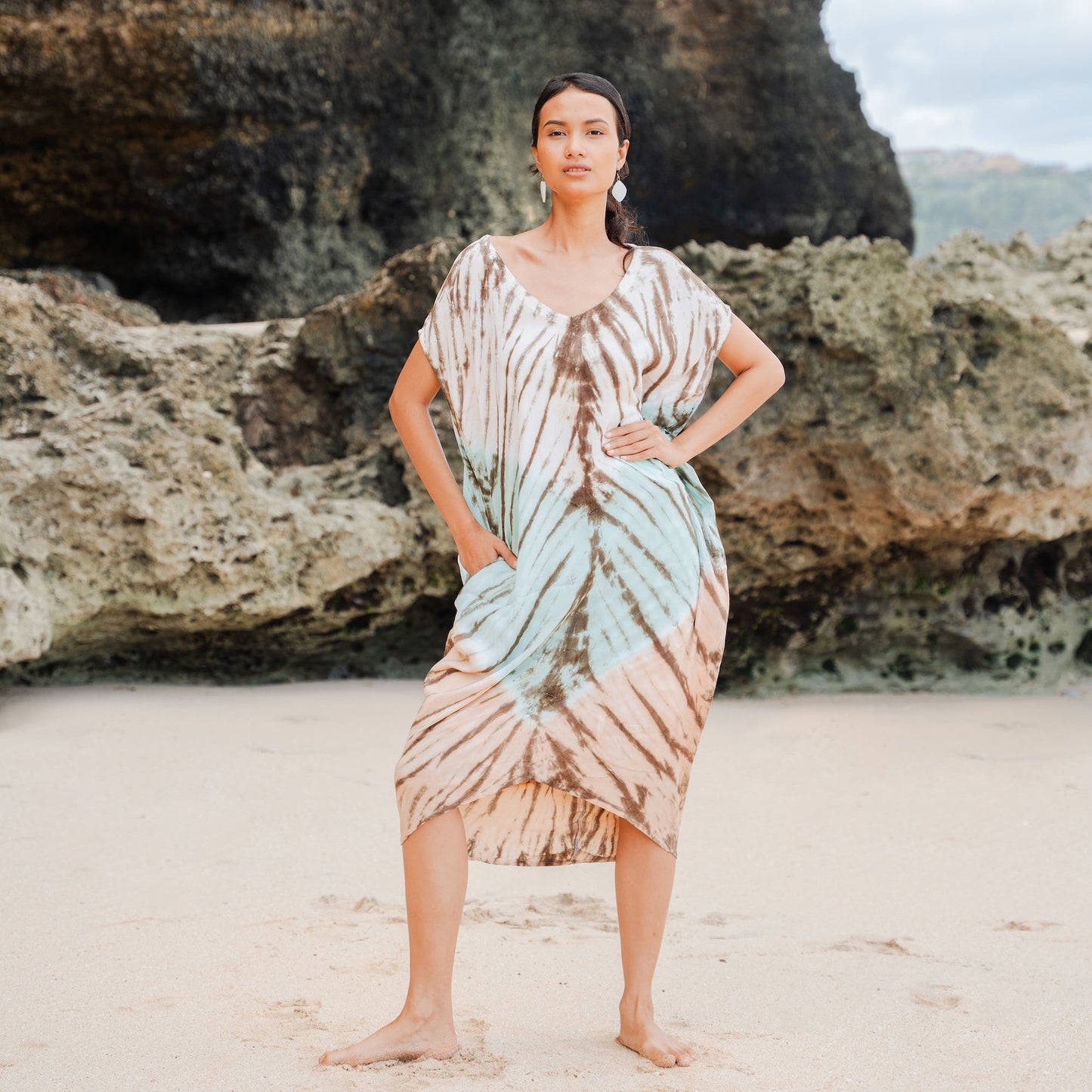 Tie Dye Lapis Ombre Kaftan Dress - Mint & Brown