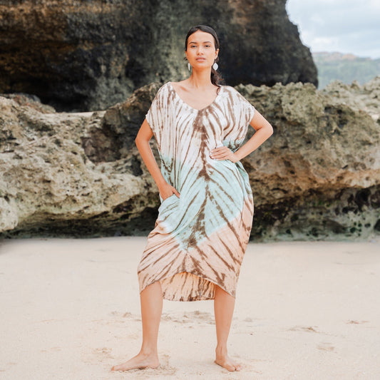 Tie Dye Lapis Ombre Kaftan Dress - Mint & Brown