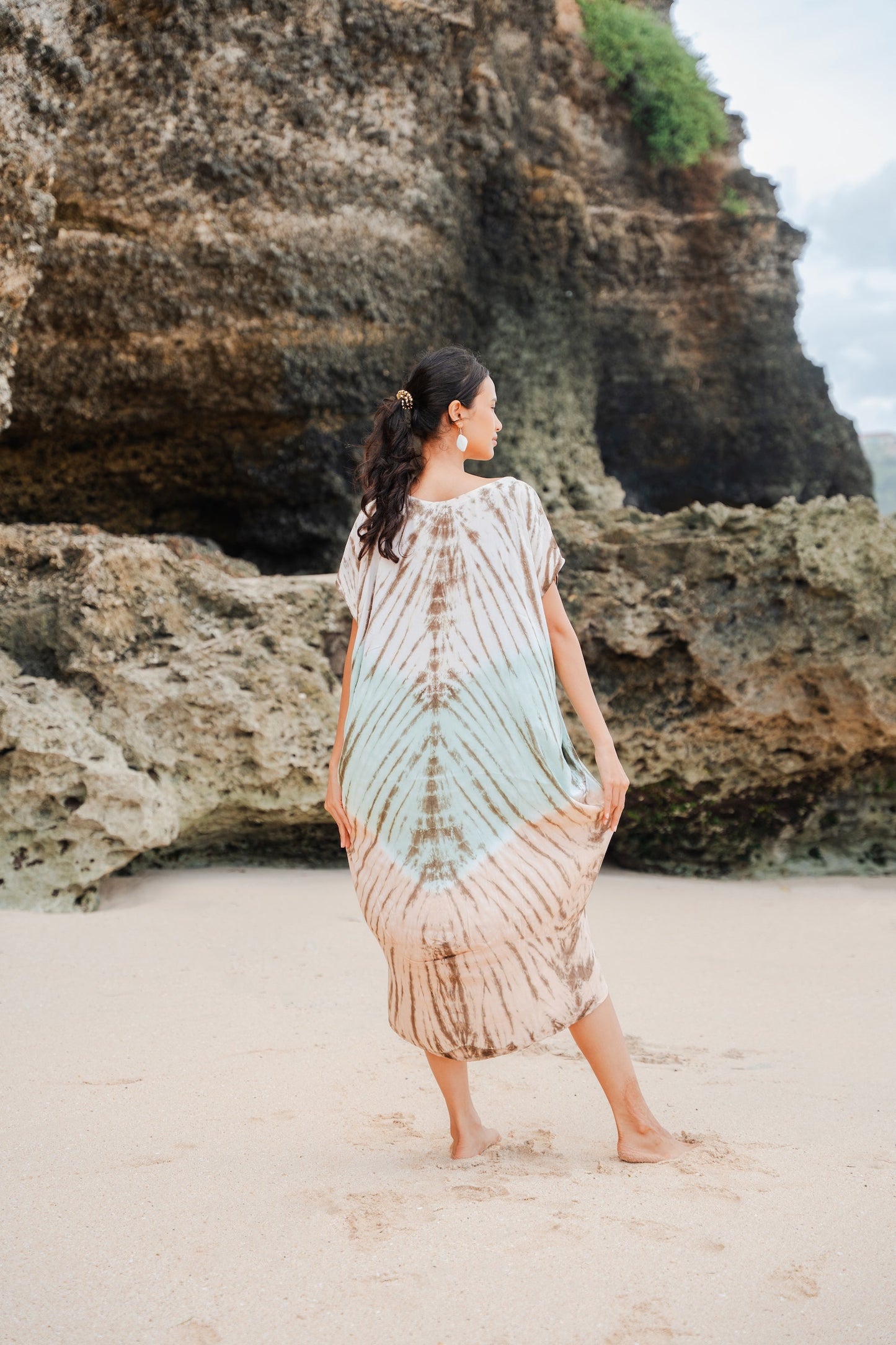 Tie Dye Lapis Ombre Kaftan Dress - Mint & Brown
